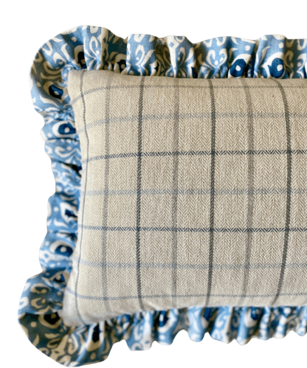Frilled check rectangular cushion with hand-printed Iznik design and checked reverse in pale blues and creams.