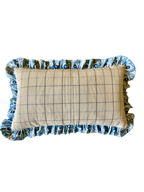 Hand-printed linen, Iznik design cushion in pale blue with a neutral checked reverse and frill.