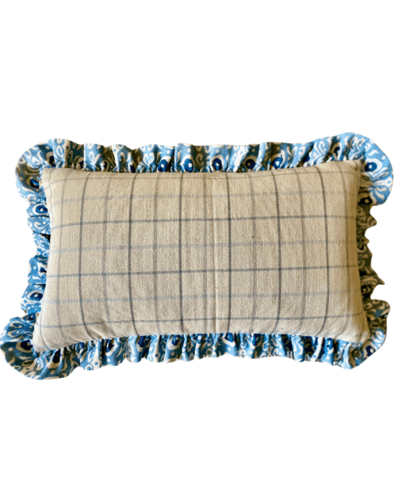 Hand-printed linen, Iznik design cushion in pale blue with a neutral checked reverse and frill.