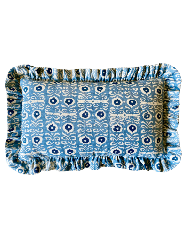 Pale blue luxury frilled cushion. Hand-printed linen in an Iznik design.