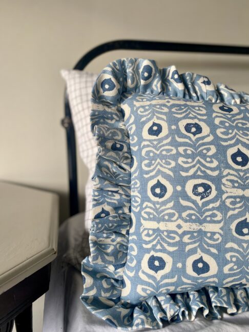 Iznik print cushions in pale blue and indigo.