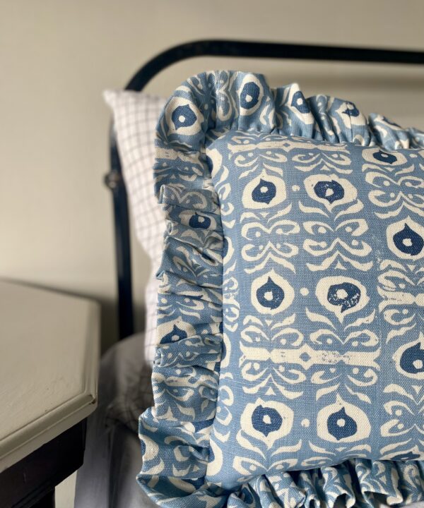 Iznik print cushions in pale blue and indigo.