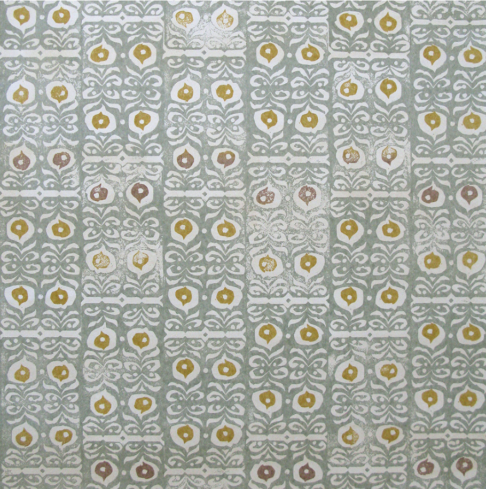 Pale green wallpaper in a lively all-over print in soft celadon and golden yellow tones.