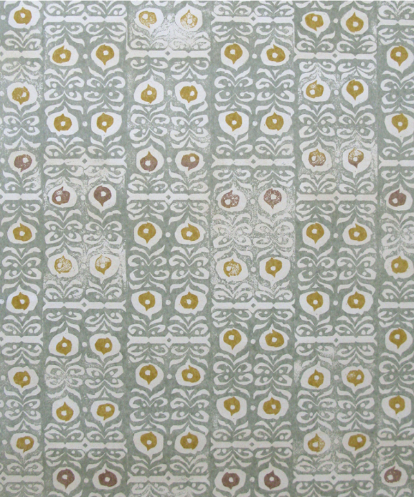 Pale green wallpaper in a lively all-over print in soft celadon and golden yellow tones.