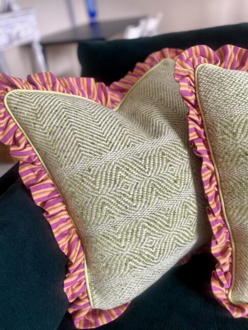 Luxury green tweed cushions handmade from Donegal tweed with an Irish linen ruffle.