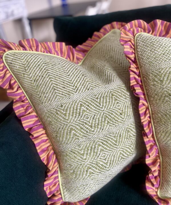 Luxury green tweed cushions handmade from Donegal tweed with an Irish linen ruffle.