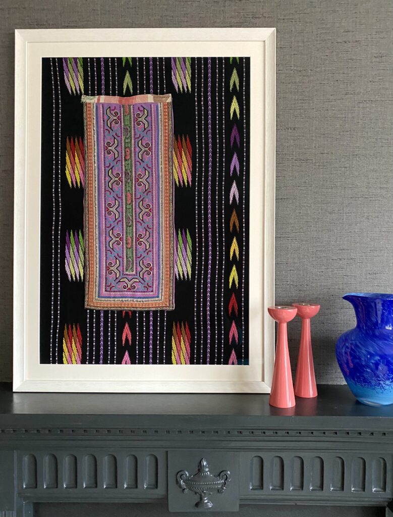 Hand woven textiles from Thailand framed as artwork.