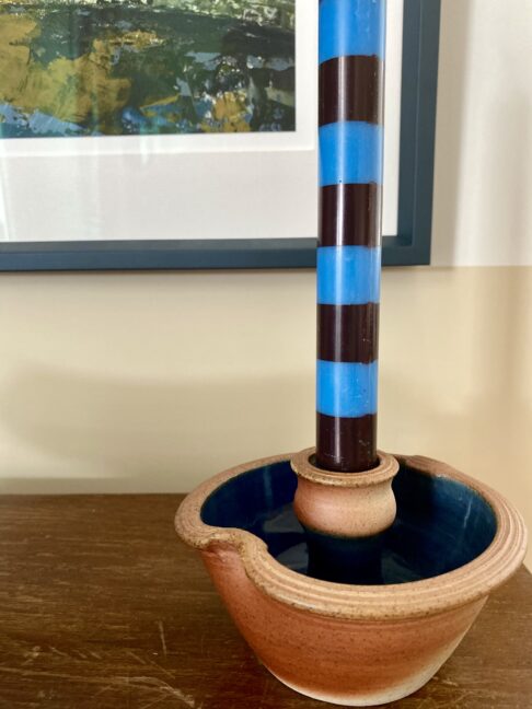 Blue and terracotta-coloured rustic ceramic candleholder handmade in the Scottish Highlands.