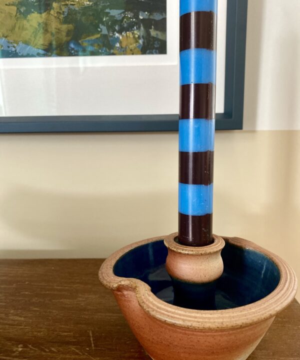 Blue and terracotta-coloured rustic ceramic candleholder handmade in the Scottish Highlands.