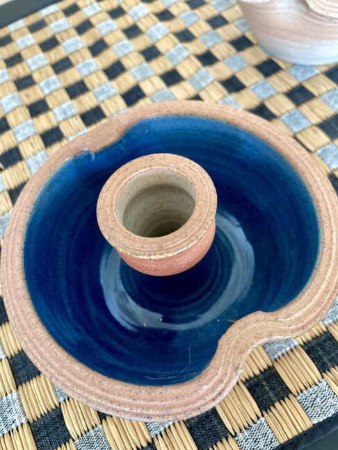 Rustic pottery candlesticks handmade in Scotland with a blue interior glaze.