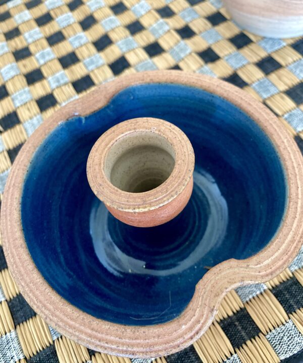 Rustic pottery candlesticks handmade in Scotland with a blue interior glaze.